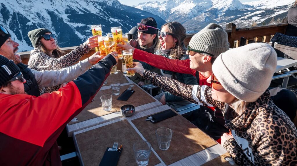 apres ski beers overlooking mountains
